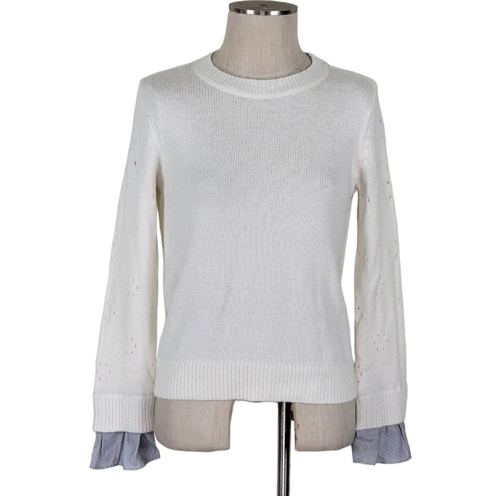 Loft Crew Neck Sweater Size S Pullover Contrast Striped Cuff Lightweight White